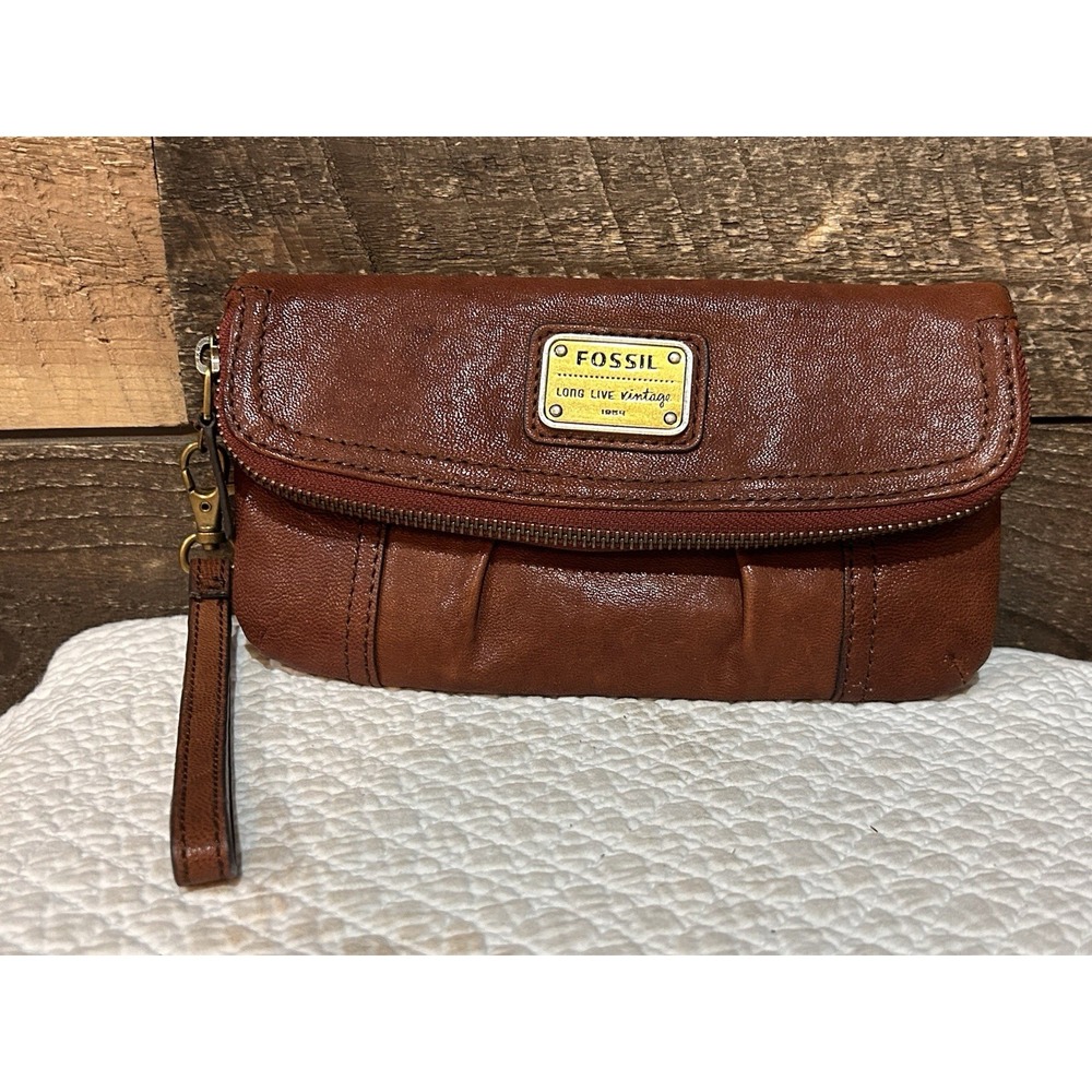 Vintage Fossil Womens Brown Leather Zip Top Clutch Wallet w/ Wrist Strap 8"